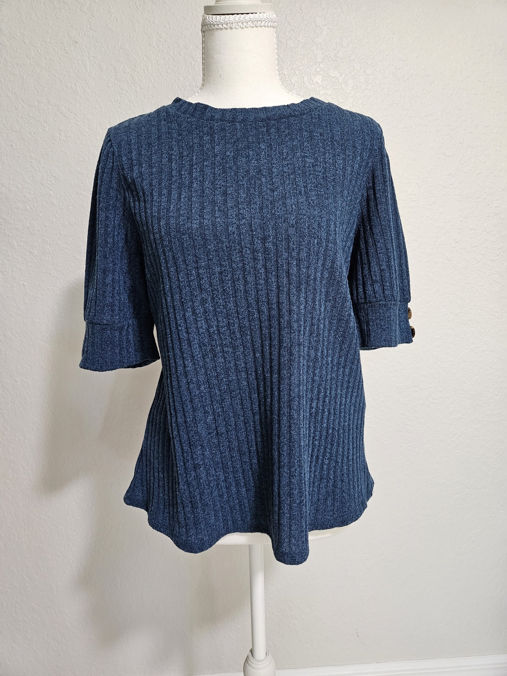 Perseption Ribbed Short-Sleeve Top in Denim Blue